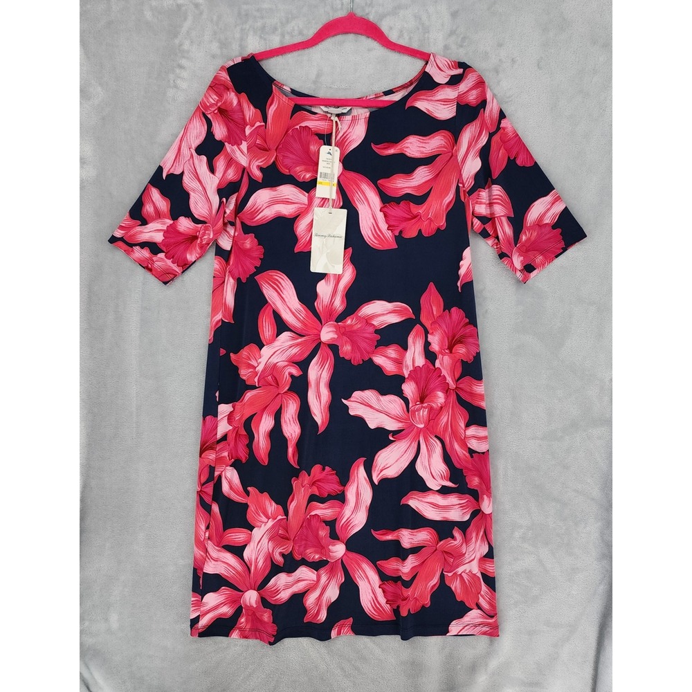 Tommy Bahama Dress Womens Size Medium Navy Pink Orchid Floral Print Stretch NWT